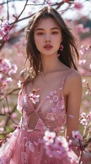 Poster - Portrait of a beautiful Asian woman standing in a field of pink flowers