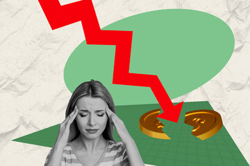 Poster - Creative image collage young woman stressed economy falling downwards collapse break golden coin two pieces crisis inflation