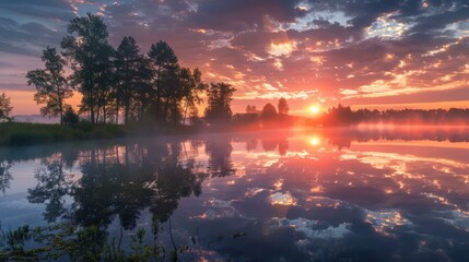 Poster - The setting sun casts a golden glow on the lake and trees