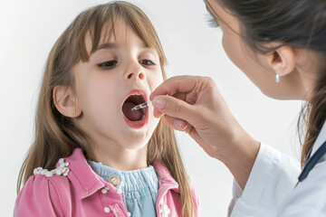 Little girl 5 years old holding head up with open mouth to get drop of medicine, giving by doctor hand. White background. Kid getting polio drops. Child oral vaccination. Baby receiving liquid vaccine