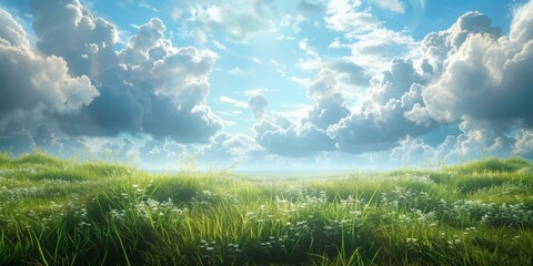 Canvas Print - Field of green grass and white flowers under a blue sky with white clouds