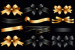 © Tanvir - cool trendy sale stickers for business. Black Friday sale. Geometric elements for a store sale, online promotion Black gift box with golden ribbon bow on black background. 3d render generated ai