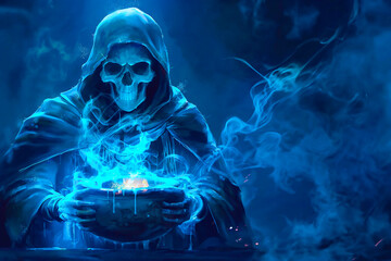 A hooded skeleton wizard holding an ancient wooden bowl of glowing blue smoke, in the style of fantasy art