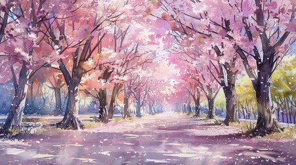 Wall Mural - cherry blossom avenue in the park featuring a variety of trees, including a pink tree, a brown tree