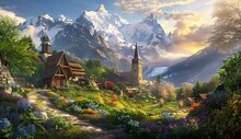 The Village Surrounded By Lush Greenery, With Towering Snowcapped Mountains In The Background. The Sun Shines Brightly On An Idyllic Landscape Filled With Blooming Flowers And Charming Cottages