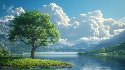 Sticker - Tranquil Lake and Verdant Tree Landscape