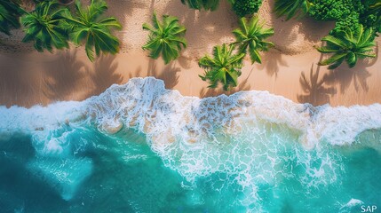 Wall Mural - oasis of tranquility amidst the oceanic expanse, with palm trees lining a sunlit sandy beach