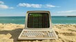 computer on a beach with data and code on screen