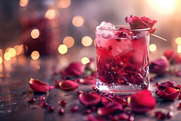 Wall Mural - Red pomegranate cocktail garnished with dried rose petals