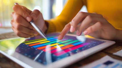 Poster - A person analyzing a bar graph on a tablet, interpreting trends and making informed decisions based on data insights.