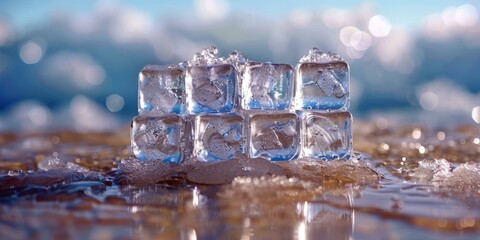 ice cubes on a table with water droplets