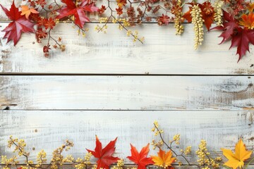 Red and yellow fall leaves on a whitewashed wooden background