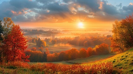 Wall Mural - Panoramic view of a tranquil countryside at sunrise with colorful autumn foliage