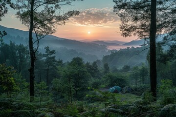 Canvas Print - Camping in the mountains at dawn