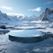 3D rendering of a circular stage with mountains and a frozen lake in the background