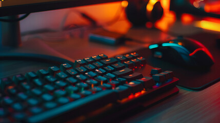 Poster - Typing on  Mechanical Computer Keyboard,Close  of computer keyboard with colorful lights. Selective focus,Black keyboard with red backlight, blurry close up, focus on enter key,Typing on a keyboard


