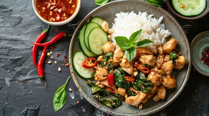 Sticker - A plate of Thai basil chicken stir-fry served with a side of fresh cucumber slices and spicy chili dipping sauce, offering a delightful balance of flavors.