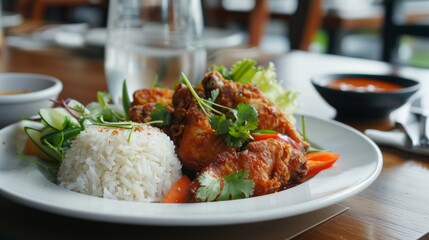 A plate of Thai fried chicken served with a side of fresh salad and jasmine rice, presenting a balanced and satisfying meal option.