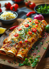 Wall Mural -  Baked enchiladas with cheese on a dark old wooden background. Traditional Mexican food concept. Latin American national cuisine. Horizontal image for menu, recipe, banner, poster.