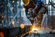 A skilled construction worker operates a heavy-duty drill on concrete, creating sparks that illuminate their protective gear and the surrounding materials.