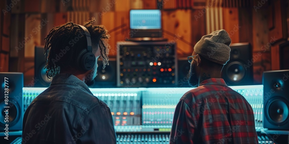 Two black men are working in a recording studio. Stock Illustration ...