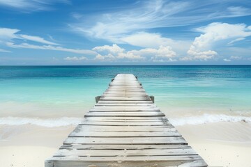 Wall Mural - Wooden pier stretching into azure water on beach, merging with horizon