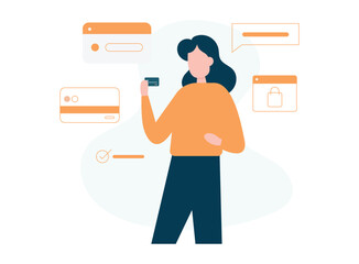 Poster - Flat cartoon woman shopping online. Online shopping and E-commerce concept. Vector illustration.