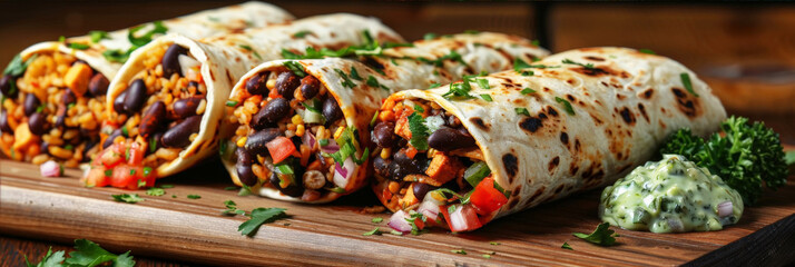 Poster - Grilled burritos wraps with chicken, beans, corn, tomatoes and avocado on a dark background. Traditional Mexican food concept. Latin American national cuisine. Horizontal image for menu, recipe.
