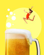Happy young girl joyfully jumping into mug with foamy lager beer against vivid yellow background. Contemporary art collage. Concept of alcohol drink, surrealism, celebration, creativity