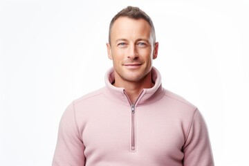 Wall Mural - Portrait of a glad man in his 30s wearing a thermal fleece pullover isolated in white background