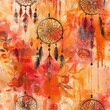 Dreamcatchers in sunset colors, warm boho watercolor, seamless pattern, oranges, reds, and pinks, evening serenity. Seamless Pattern, Fabric Pattern, Tumbler Wrap, Mug Wrap.