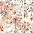 Roses and dreamcatchers, romantic boho watercolor, seamless pattern, blush pinks and earthy tones, dreamy love. -Seamless Pattern, Fabric Pattern, Tumbler Wrap, Mug Wrap.