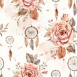 Roses and dreamcatchers, romantic boho watercolor, seamless pattern, blush pinks and earthy tones, dreamy love.Seamless Pattern, Fabric Pattern, Tumbler Wrap, Mug Wrap.