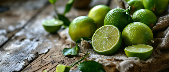 Wall Mural - A bunch of lime slices are on a wooden table