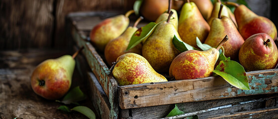 Wall Mural - A crate full of pears with green leaves on top