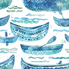 Wall Mural - Tribal canoes and river motifs, adventurous boho watercolor, seamless pattern, blues and greens, water journeys. -Seamless Pattern, Fabric Pattern, Tumbler Wrap, Mug Wrap.