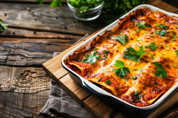 Wall Mural -  Baked enchiladas with cheese on a dark old wooden background. Traditional Mexican food concept. Latin American national cuisine. Horizontal image for menu, recipe, banner, poster.