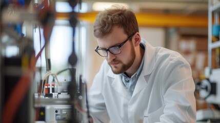 Poster - An engineer is conducting experiments in a science lab, wearing a lab coat. AIG41