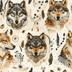 Wall Mural - wolves with tribal markings, wild boho watercolor, seamless pattern, earthy browns and blacks, mysti