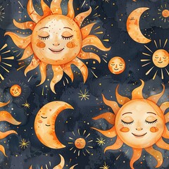 Canvas Print - Suns with smiling faces and winking moons, joyful boho watercolor, seamless pattern, warm golds and cool greys, playful cosmos.Seamless Pattern, Fabric Pattern, Tumbler Wrap, Mug Wrap.