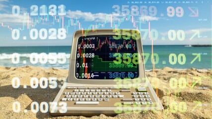 computer on a beach with data and code on screen