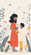 Mother's Day card. Woman and son in a field of flowers. Generative AI.