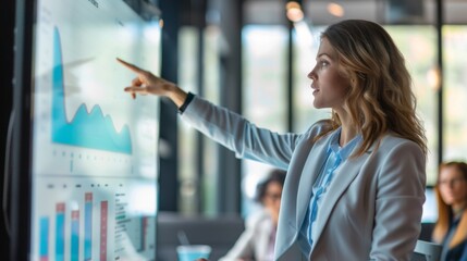 Poster - A woman in a boardroom setting, leading a discussion on business strategy with colleagues, pointing at a graph projected on a screen, symbolizing leadership and vision.