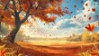 Craft a captivating autumn-themed illustration from a worms-eye view perspective