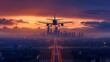 Overlooking the panoramic metropolis at dusk, an aeroplane takes off.