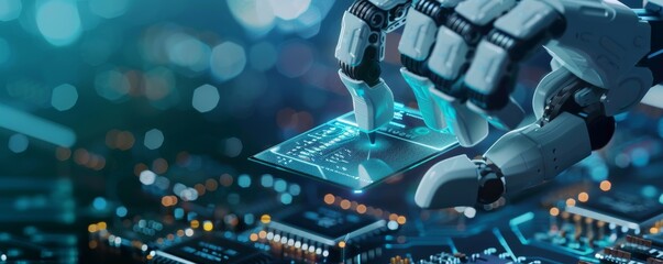 Poster - Advanced robotics technology handling microchip assembly in futuristic workshop