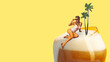 Elegant young girl in retro swimsuit resting atop foamy lager beer against pastel yellow background. Contemporary art collage. Concept of alcohol drink, surrealism, celebration, creativity