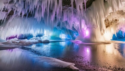 Wall Mural - freezing shimmering ice cave with digital led fiber optic laniakea supercluster walls, reflected light, cool blue and purple colors --ar 2:3 --v 6.0