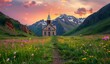 A small church in the mountains surrounded by green grass and wildflowers, with colorful clouds in the sky at sunset.