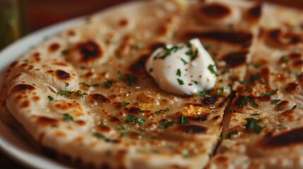 Wall Mural - Close-up of a freshly cooked paneer paratha being served with a dollop of creamy yogurt, showcasing the savory goodness of this Indian flatbread.